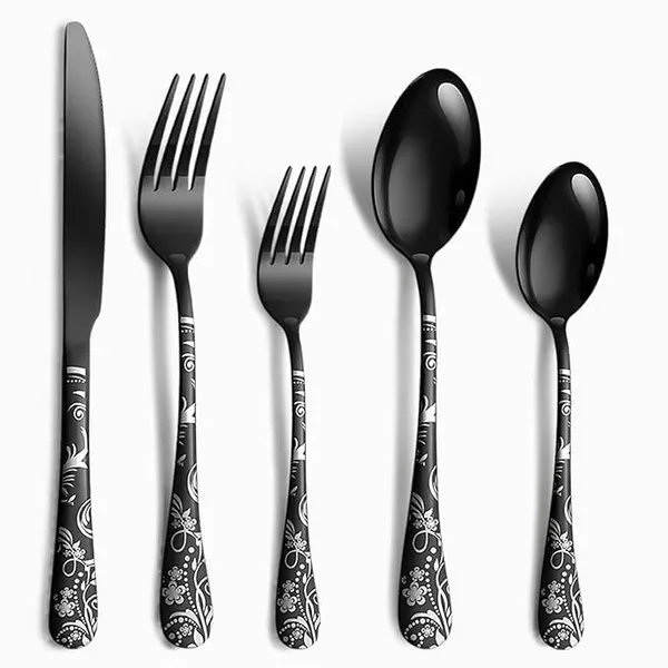 Black_Floral_Print_Stainless_Steel_Cutlery_Set_5-Piece_Flatware_Set_With_Decorative_Handle_2_Forks_2_Spoons_1_Knives_(_Set_Of_1(5Pcs))