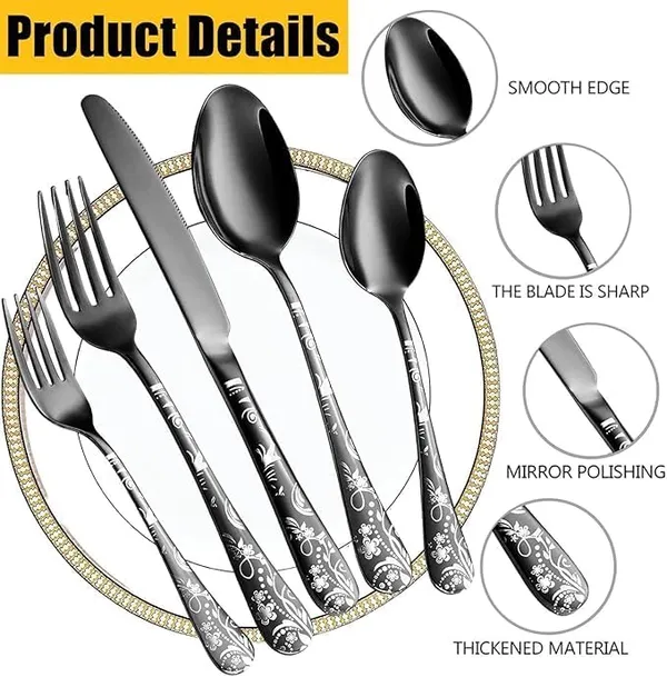 Black_Floral_Print_Stainless_Steel_Cutlery_Set_5-Piece_Flatware_Set_With_Decorative_Handle_2_Forks_2_Spoons_1_Knives_(_Set_Of_4(20Pcs))