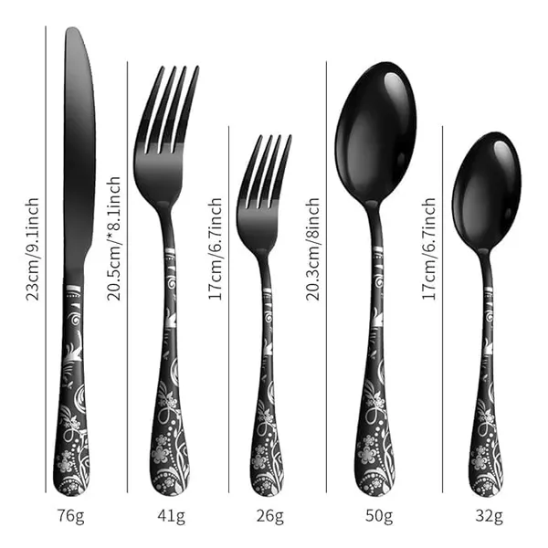 Black_Floral_Print_Stainless_Steel_Cutlery_Set_5-Piece_Flatware_Set_With_Decorative_Handle_2_Forks_2_Spoons_1_Knives_(_Set_Of_4(20Pcs))
