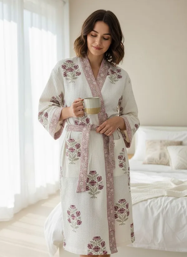 Handblock_Printed_Cotton_Waffle_Robe/Motif_print_Kimono_Bathrobe_For_Women