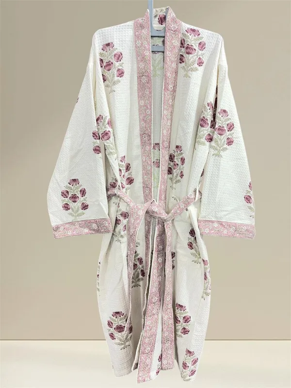 Handblock_Printed_Cotton_Waffle_Robe/Motif_print_Kimono_Bathrobe_For_Women