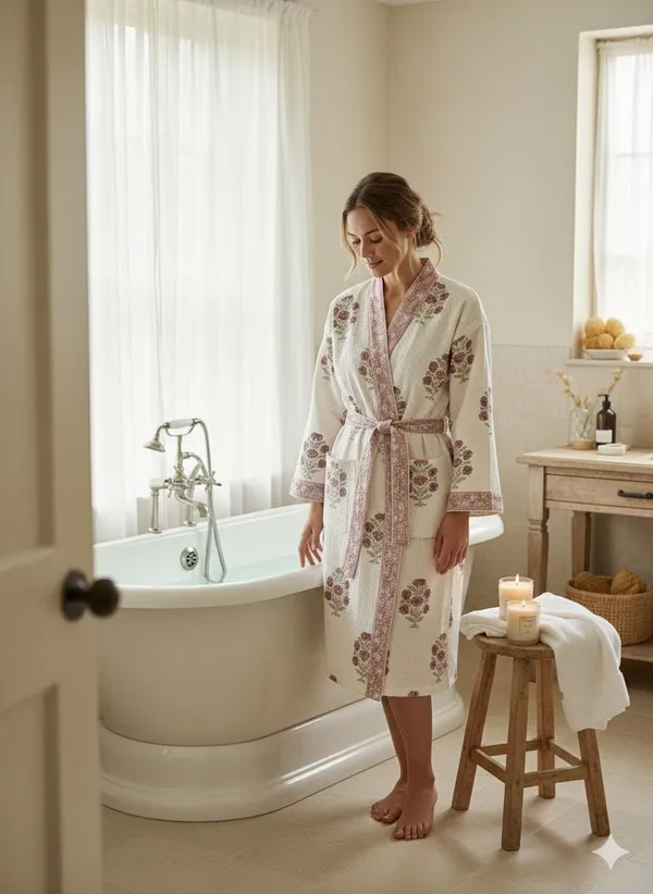 Handblock_Printed_Cotton_Waffle_Robe/Motif_print_Kimono_Bathrobe_For_Women