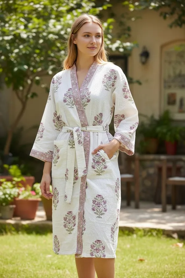 Handblock_Printed_Cotton_Waffle_Robe/Motif_print_Kimono_Bathrobe_For_Women