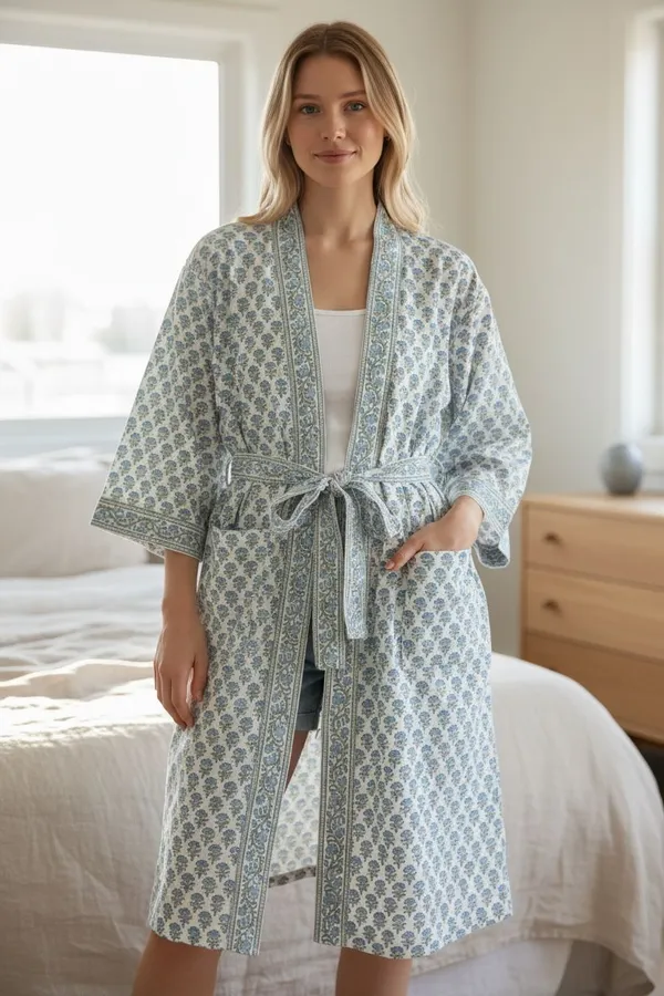 Block_Printed_Cotton_Waffle_Robe/Blue_Blossom_Kimono_Bathrobe_For_Women