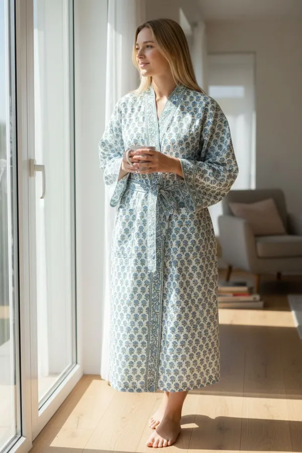 Block_Printed_Cotton_Waffle_Robe/Blue_Blossom_Kimono_Bathrobe_For_Women