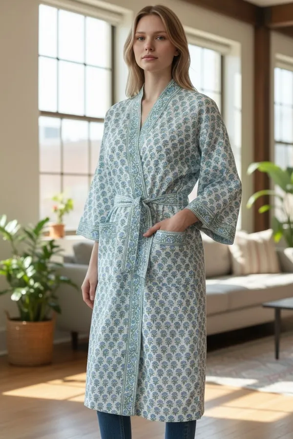 Block_Printed_Cotton_Waffle_Robe/Blue_Blossom_Kimono_Bathrobe_For_Women