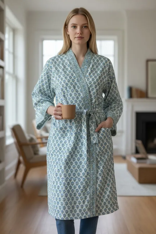Block_Printed_Cotton_Waffle_Robe/Blue_Blossom_Kimono_Bathrobe_For_Women