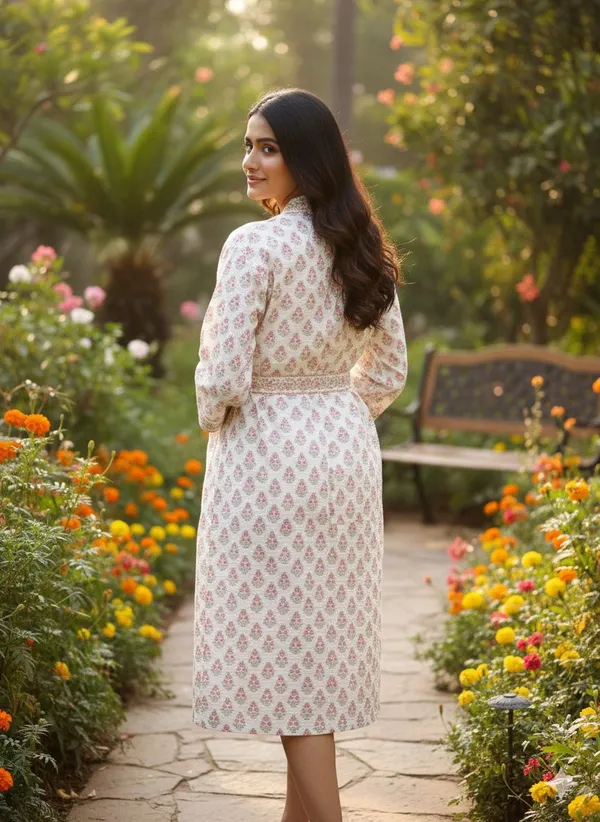 Handblock_Printed_Cotton_Waffle_Robe/Pink_Blossom_Kimono_Bathrobe_For_Women