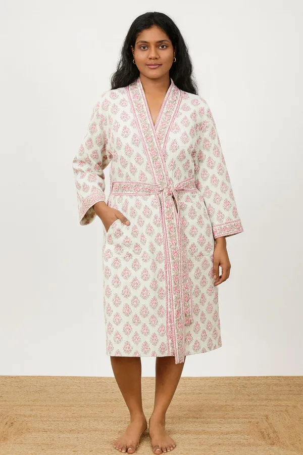 Handblock_Printed_Cotton_Waffle_Robe/Pink_Blossom_Kimono_Bathrobe_For_Women