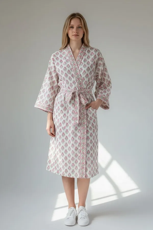 Handblock_Printed_Cotton_Waffle_Robe/Pink_Blossom_Kimono_Bathrobe_For_Women