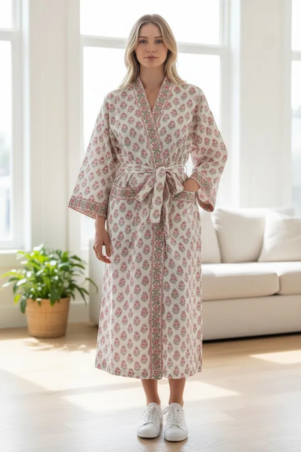 Handblock_Printed_Cotton_Waffle_Robe/Pink_Blossom_Kimono_Bathrobe_For_Women