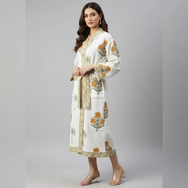 Handblock_Printed_Cotton_Waffle_Robe/Floral_Kimono_Bathrobe_For_Women