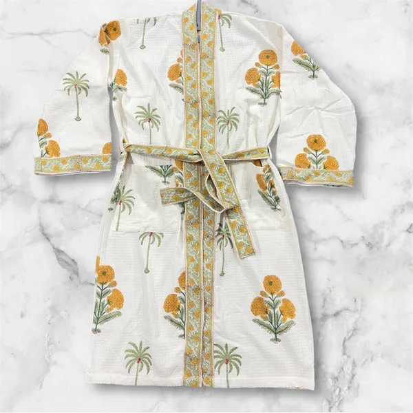 Handblock_Printed_Cotton_Waffle_Robe/Floral_Kimono_Bathrobe_For_Women