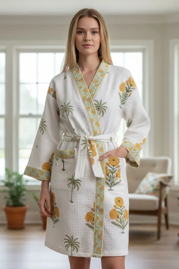 Handblock_Printed_Cotton_Waffle_Robe/Floral_Kimono_Bathrobe_For_Women