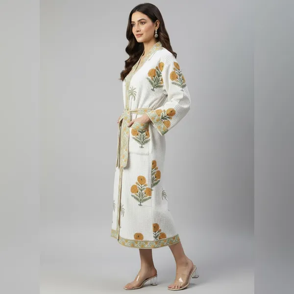 Handblock_Printed_Cotton_Waffle_Robe/Floral_Kimono_Bathrobe_For_Women