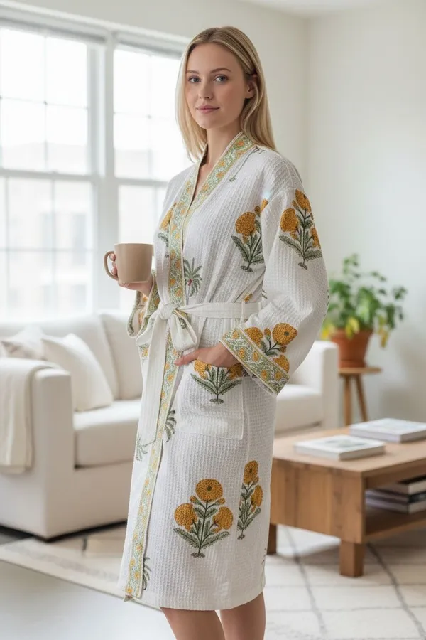 Handblock_Printed_Cotton_Waffle_Robe/Floral_Kimono_Bathrobe_For_Women