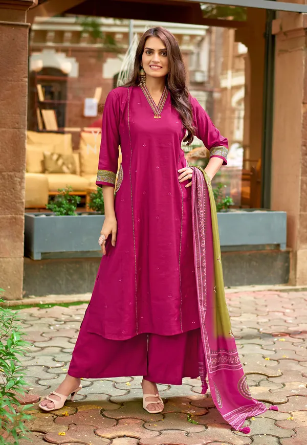 Pink_Ethnic_Motifs_Embroidered_Regular_Thread_Work_Chanderi_Silk_Kurta_With_Palazzos_&_With_Dupatta_For_Women-CHITRANGANA