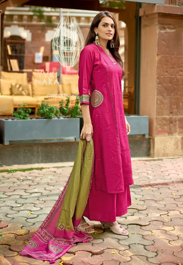 Pink_Ethnic_Motifs_Embroidered_Regular_Thread_Work_Chanderi_Silk_Kurta_With_Palazzos_&_With_Dupatta_For_Women-CHITRANGANA