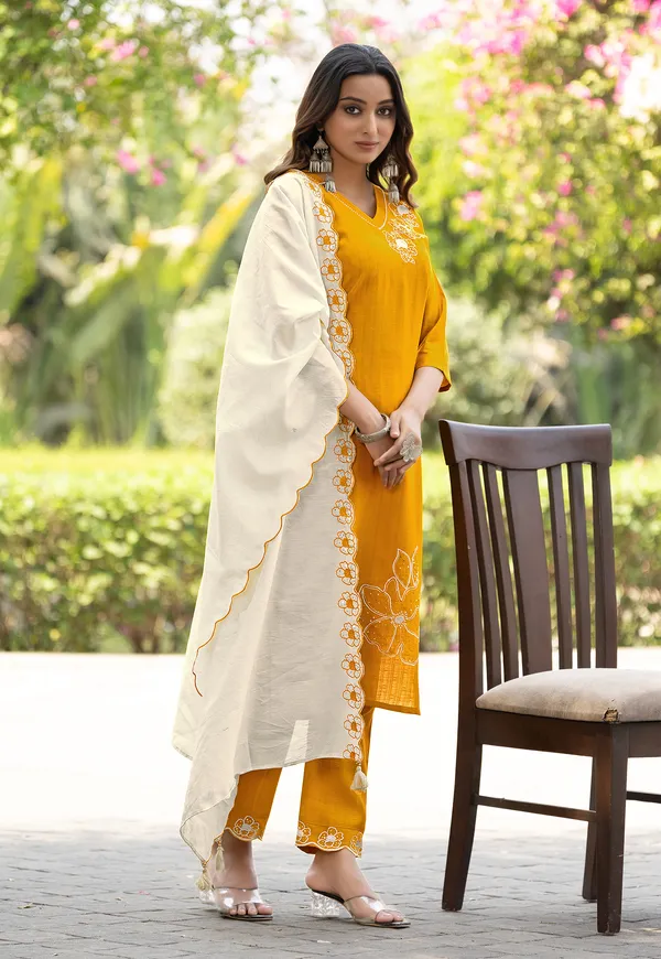Yellow_Thread_&_Hand_Work_Viscose_Weaving_Kurta_With_Trouser_&_Dupatta_For_Women-ELITE