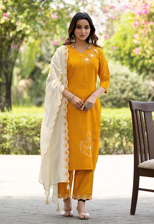Yellow_Thread_&_Hand_Work_Viscose_Weaving_Kurta_With_Trouser_&_Dupatta_For_Women-ELITE