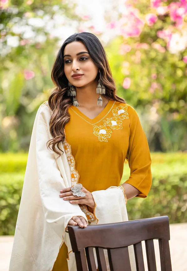 Yellow_Thread_&_Hand_Work_Viscose_Weaving_Kurta_With_Trouser_&_Dupatta_For_Women-ELITE
