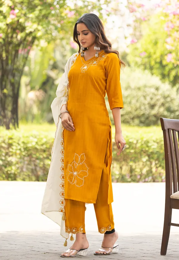 Yellow_Thread_&_Hand_Work_Viscose_Weaving_Kurta_With_Trouser_&_Dupatta_For_Women-ELITE
