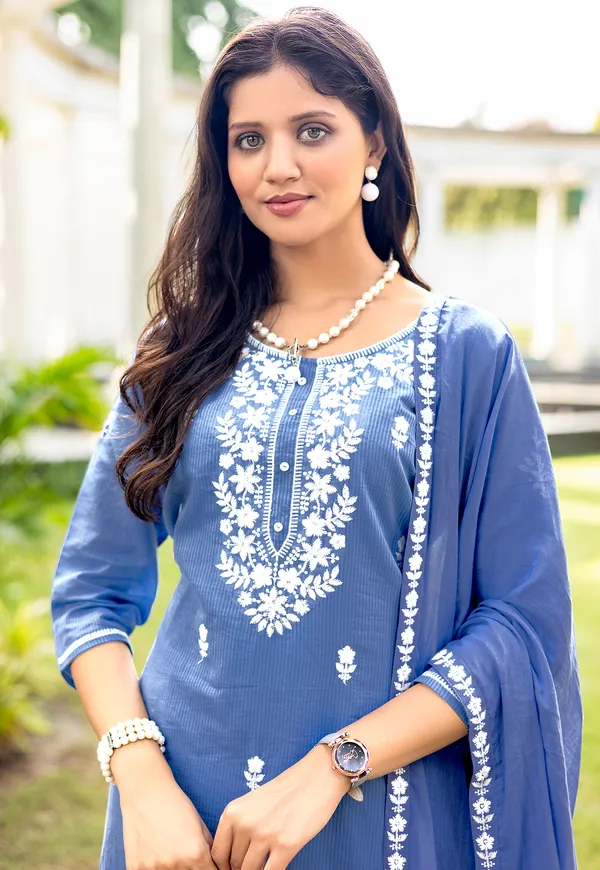 Blue_Salli_Pure_Cotton_Regular_Hand_&_Threadwork_Kurta_With_Trousers_&_With_Dupatta_For_Women-AARYA