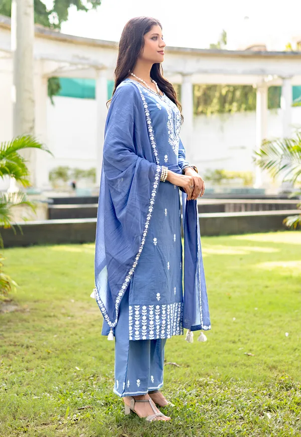 Blue_Salli_Pure_Cotton_Regular_Hand_&_Threadwork_Kurta_With_Trousers_&_With_Dupatta_For_Women-AARYA