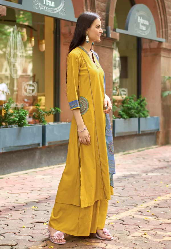 Yellow_Ethnic_Motifs_Embroidered_Regular_Thread_Work_Chanderi_Silk_Kurta_With_Palazzos_&_With_Dupatta_For_Women-_CHITRANGANA