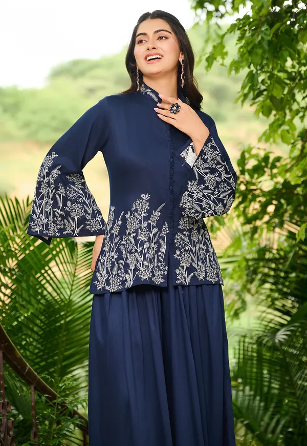 Navy_Blue_Ethnic_Motifs_Embroidered_Empire_Thread_Work_A-Line_Kurta_With_Palazzos_For_Women-LUVIKA