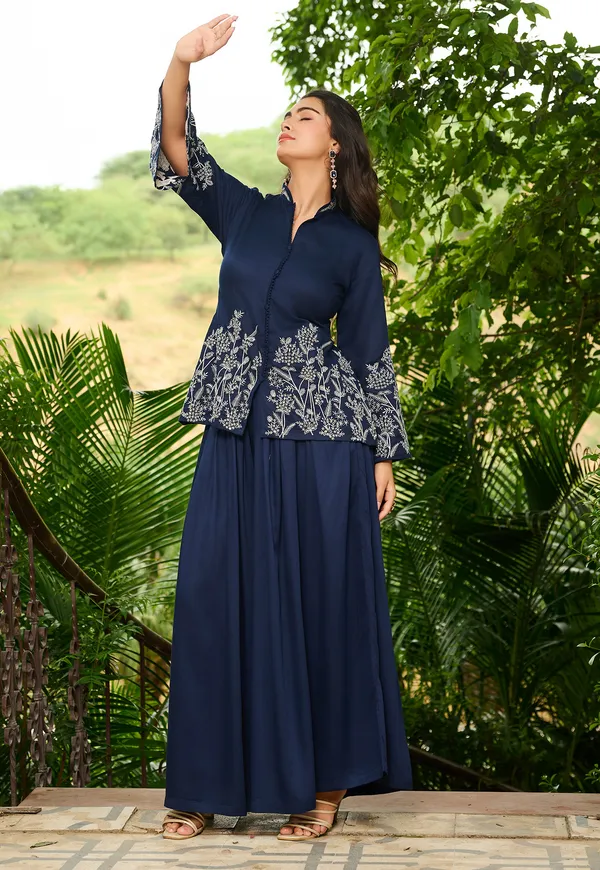 Navy_Blue_Ethnic_Motifs_Embroidered_Empire_Thread_Work_A-Line_Kurta_With_Palazzos_For_Women-LUVIKA
