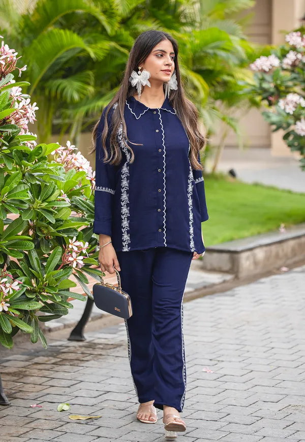 Blue_Viscose_Slub_Shirt_With_Trouser_Co-Ords_For_Women-IRIS