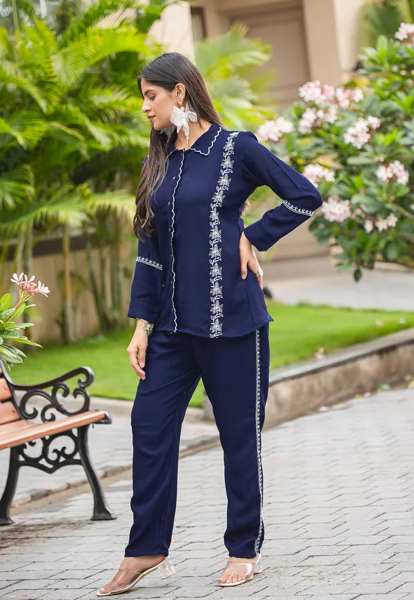 Blue_Viscose_Slub_Shirt_With_Trouser_Co-Ords_For_Women-IRIS