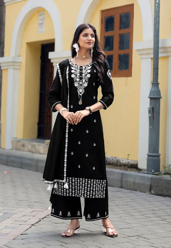 Black_Salli_Pure_Cotton_Regular_Hand_&_Threadwork_Kurta_With_Trousers_&_With_Dupatta_For_Women-AARYA