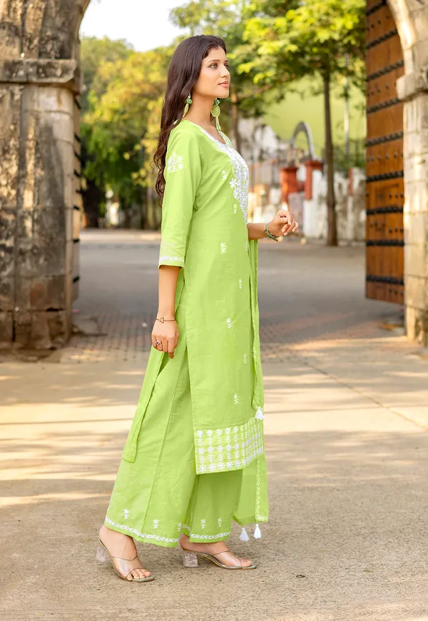 Lime_Green_Salli_Pure_Cotton_Regular_Hand_&_Threadwork_Kurta_With_Trousers_&_With_Dupatta_For_Women-AARYA