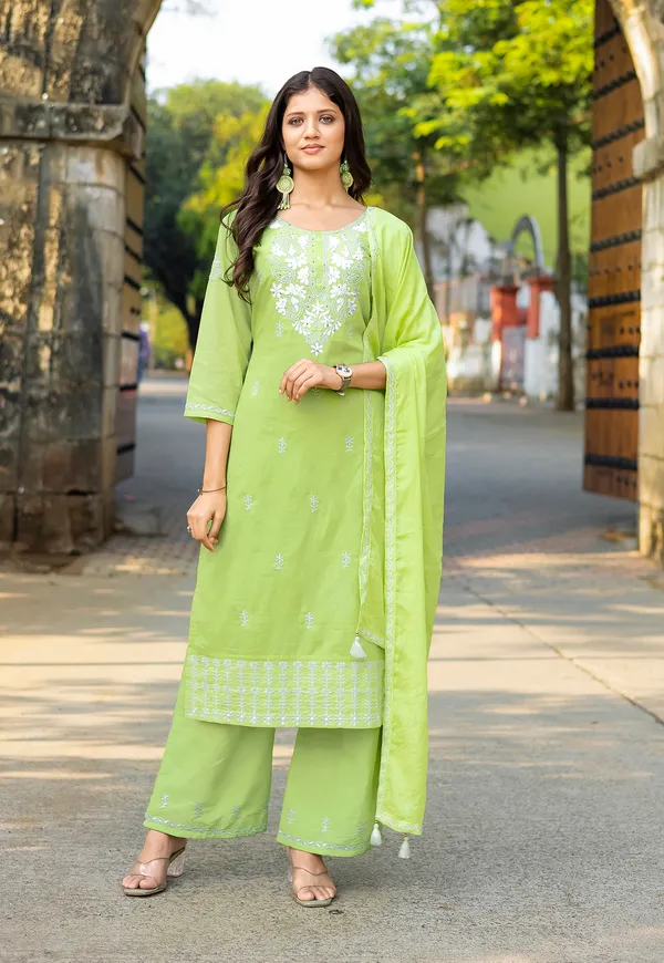 Lime_Green_Salli_Pure_Cotton_Regular_Hand_&_Threadwork_Kurta_With_Trousers_&_With_Dupatta_For_Women-AARYA