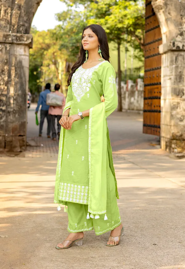 Lime_Green_Salli_Pure_Cotton_Regular_Hand_&_Threadwork_Kurta_With_Trousers_&_With_Dupatta_For_Women-AARYA