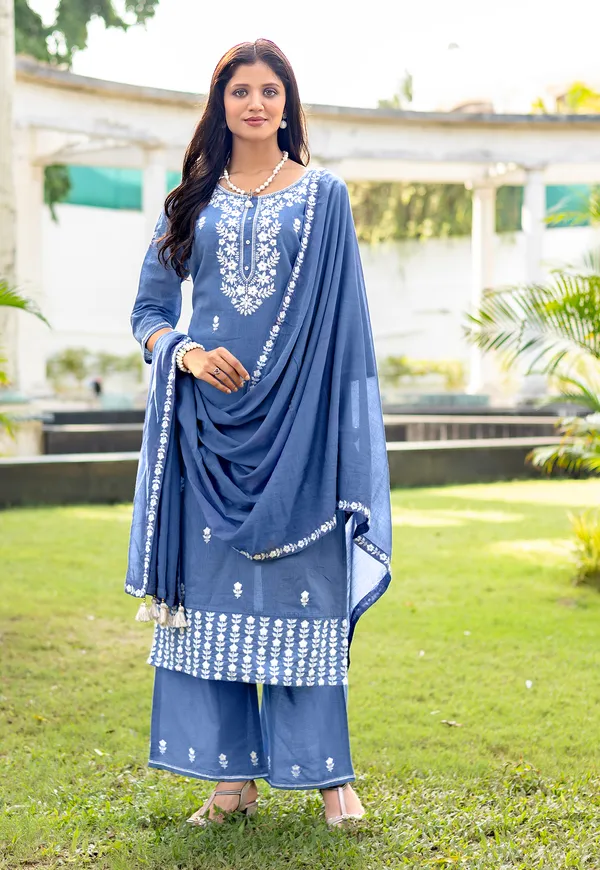 Blue_Salli_Pure_Cotton_Regular_Hand_&_Threadwork_Kurta_With_Trousers_&_With_Dupatta_For_Women-AARYA