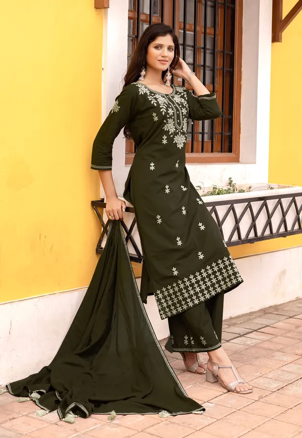 Mahendi_Green_Salli_Pure_Cotton_Regular_Hand_&_Threadwork_Kurta_With_Trousers_&_With_Dupatta_For_Women-AARYA