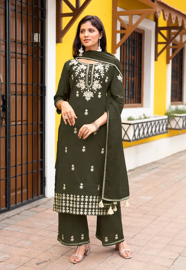 Mahendi_Green_Salli_Pure_Cotton_Regular_Hand_&_Threadwork_Kurta_With_Trousers_&_With_Dupatta_For_Women-AARYA