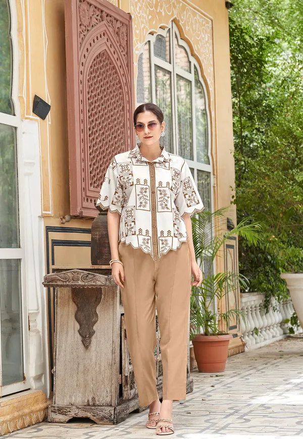 Beige_Embroidered_Pure_Cotton_Shirt_With_Trousers_Co-Ords_For_Women-BLIZZ