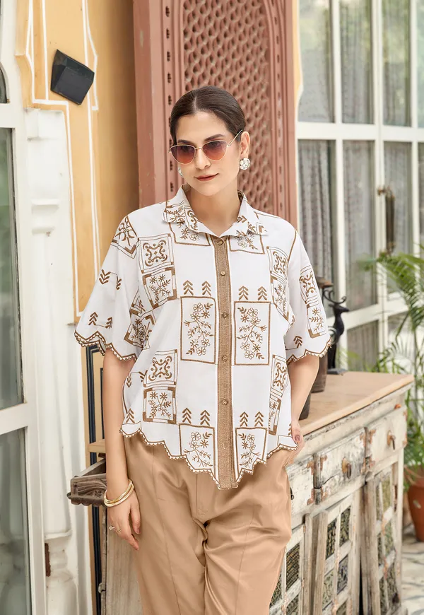 Beige_Embroidered_Pure_Cotton_Shirt_With_Trousers_Co-Ords_For_Women-BLIZZ