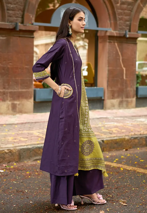 Purple_Ethnic_Motifs_Embroidered_Regular_Thread_Work_Chanderi_Silk_Kurta_With_Palazzos_&_With_Dupatta_For_Women-_CHITRANGANA