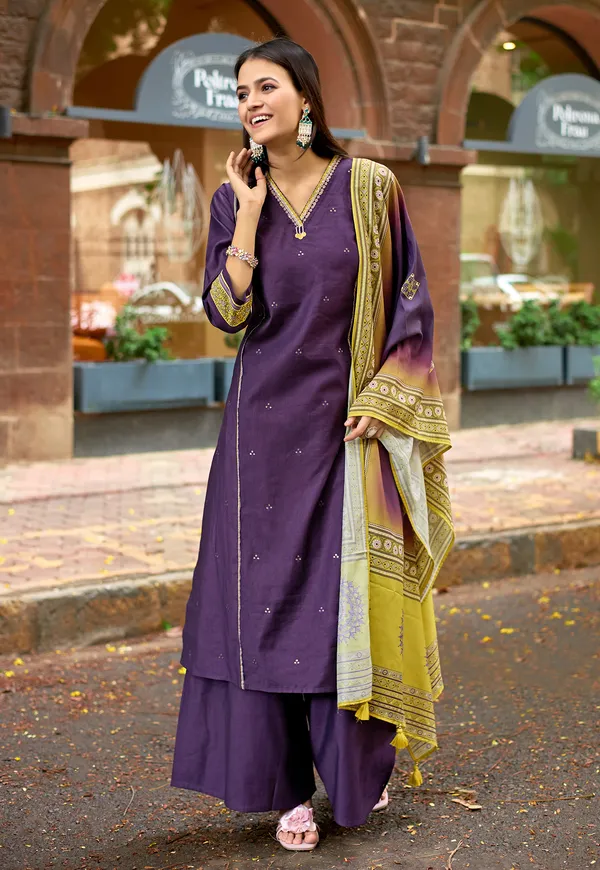 Purple_Ethnic_Motifs_Embroidered_Regular_Thread_Work_Chanderi_Silk_Kurta_With_Palazzos_&_With_Dupatta_For_Women-_CHITRANGANA