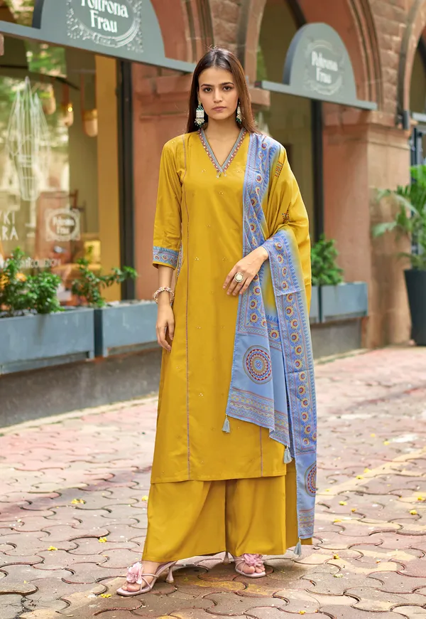 Yellow_Ethnic_Motifs_Embroidered_Regular_Thread_Work_Chanderi_Silk_Kurta_With_Palazzos_&_With_Dupatta_For_Women-_CHITRANGANA