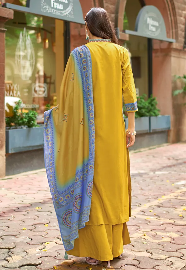 Yellow_Ethnic_Motifs_Embroidered_Regular_Thread_Work_Chanderi_Silk_Kurta_With_Palazzos_&_With_Dupatta_For_Women-_CHITRANGANA
