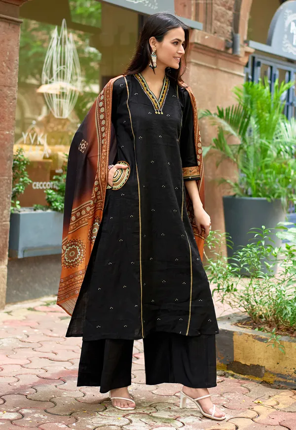 Black_Ethnic_Motifs_Embroidered_Regular_Thread_Work_Chanderi_Silk_Kurta_With_Palazzos_&_With_Dupatta_For_Women-_CHITRANGANA