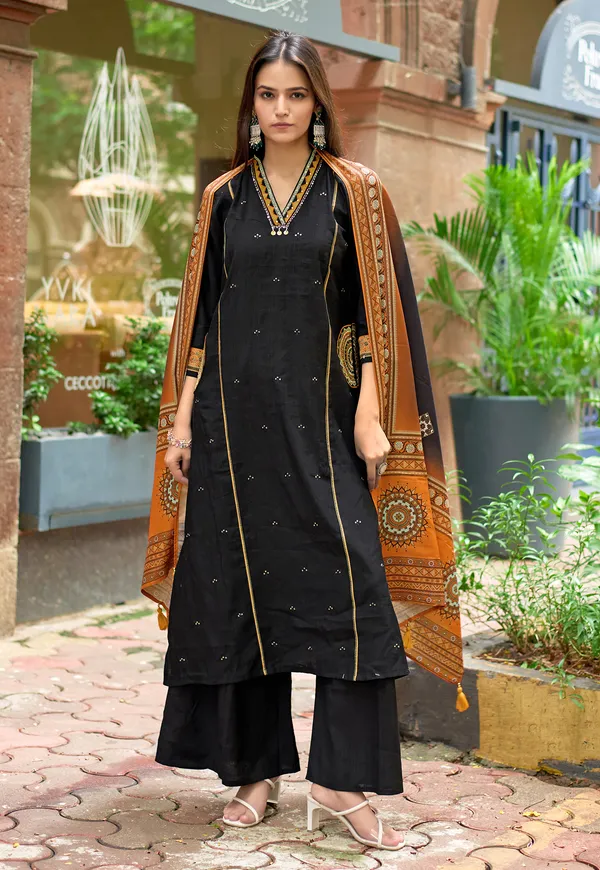 Black_Ethnic_Motifs_Embroidered_Regular_Thread_Work_Chanderi_Silk_Kurta_With_Palazzos_&_With_Dupatta_For_Women-_CHITRANGANA