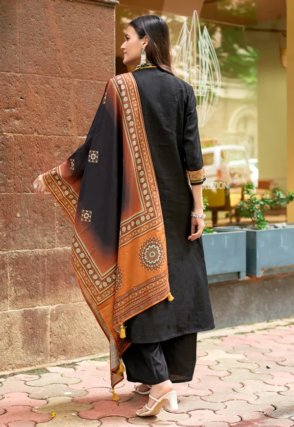 Black_Ethnic_Motifs_Embroidered_Regular_Thread_Work_Chanderi_Silk_Kurta_With_Palazzos_&_With_Dupatta_For_Women-_CHITRANGANA