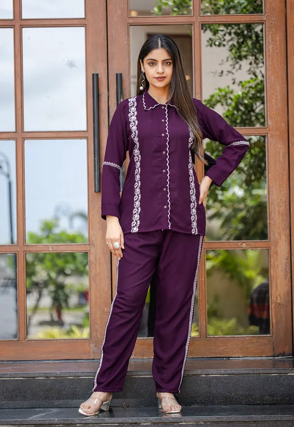 Purple_Viscose_Slub_Shirt_With_Trouser_Co-Ords_For_Women-IRIS